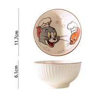 TOM AND JERRY. 1/4件裝乳白色直條紋卡通貓鼠正宗陶瓷碗，柔和可愛印花設計，居家餐具，耐熱易清洗，適用於米飯/湯品/麵條/甜點 - 彩色 - 查看 12
