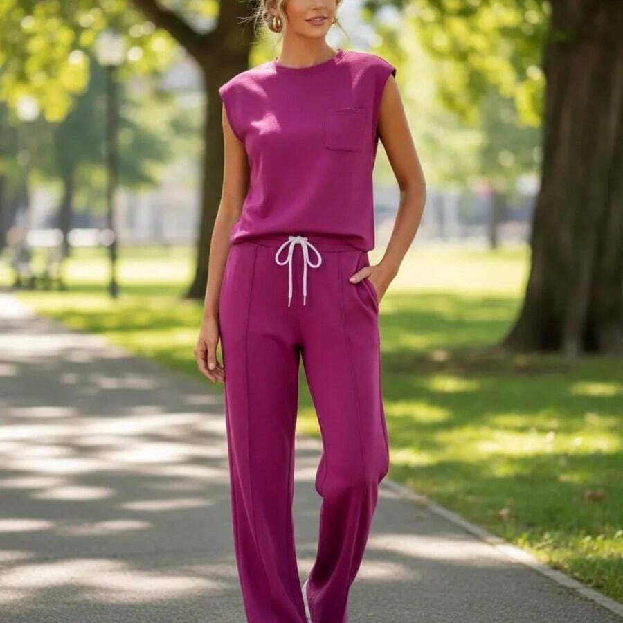 Women's Basic Pants And Blouse Set With Bag - Comfortable And High Quality - Magenta - View 1