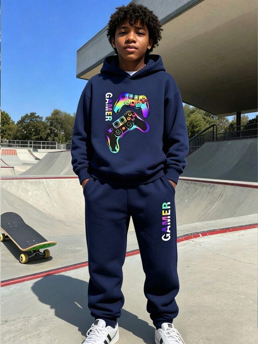 青少年男孩卡通游戏机印花保暖连帽衫和运动裤休闲套装 - 寶藍色 - 查看 1