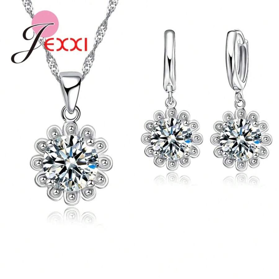 925 Sterling Silver Plating Necklace And Earring Set With Cubic Zirconia, Cross, Heart And Butterfly Design, Fashion Jewelry For Women. - 90401 - 查看 1