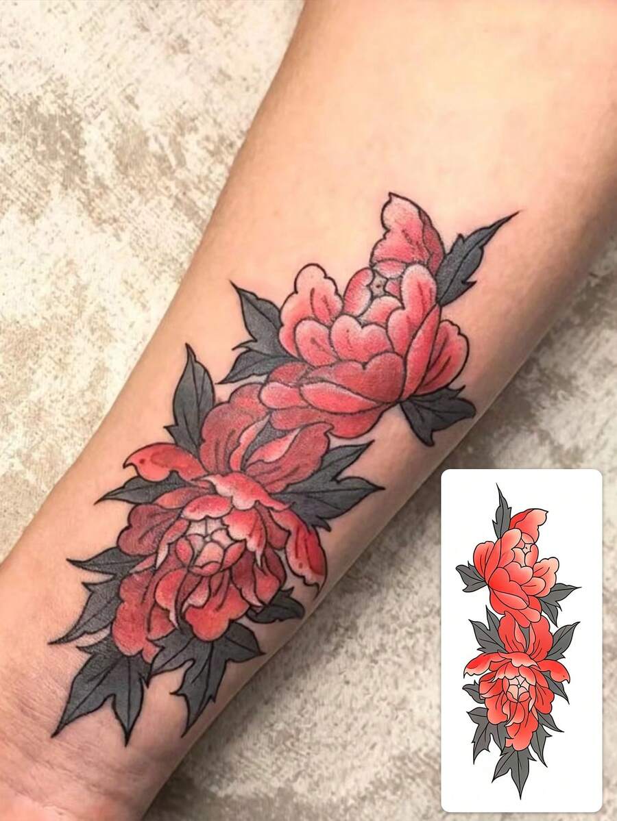 1 Pc Bold Traditional Japanese Red Peony Temporary Tattoo Sticker, Waterproof Long Lasting Fake Tattoo, Edgy Floral Body Art For Forearms & Arms - Multicolor - View 1