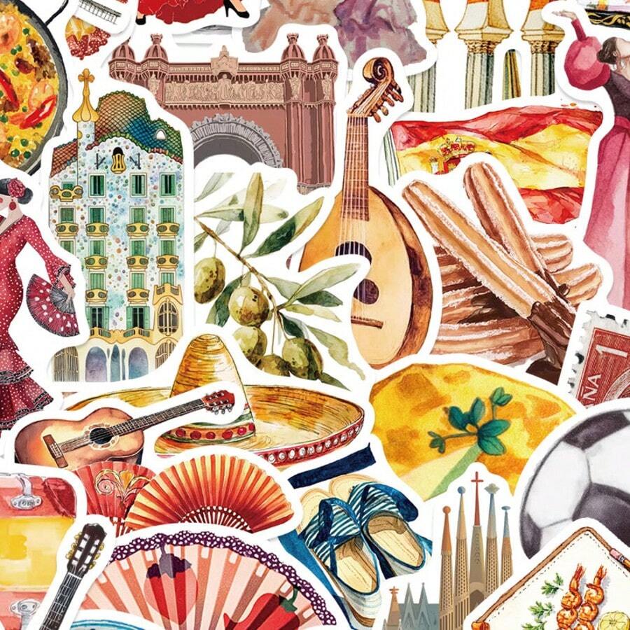 50張卡通西班牙旅行日記貼紙,精緻國家戶外風景塗鴉貼紙,乙烯基防水,適用於筆記本電腦、滑板、水壺、剪貼簿、電腦、日記、手機、汽車 - 多色A - 查看 1