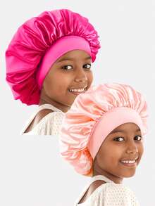 2pcs Printed Children's Elastic Ribbon Satin Round Hair Caps, Suitable For Daily Use - K-21 Rose Red/Blood Fang - View 3