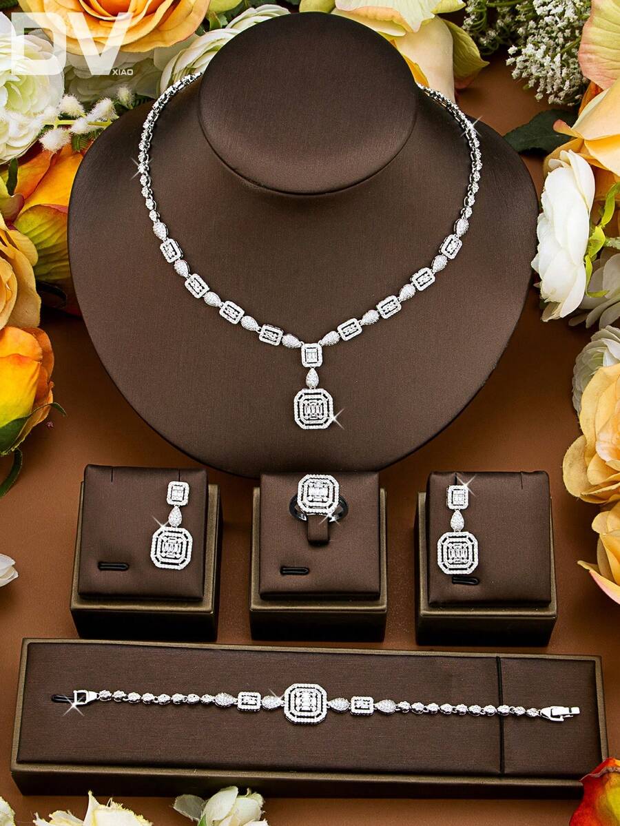 DV JEWELRY 5件組立方氧化鋯與半鑽白金電鍍奢華項鍊、手鍊、耳環、開口戒指極簡主義珠寶套裝,適合女性,約會、宴會、週年紀念的優雅珠寶禮物,附禮盒包裝 - 查看 1