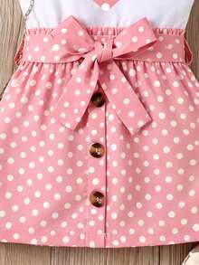 Young Girl Summer Casual Vacation Polka Dot Heart Print Ruffle Armhole Top And Tie Waist Skirt Set - Pink - View 5
