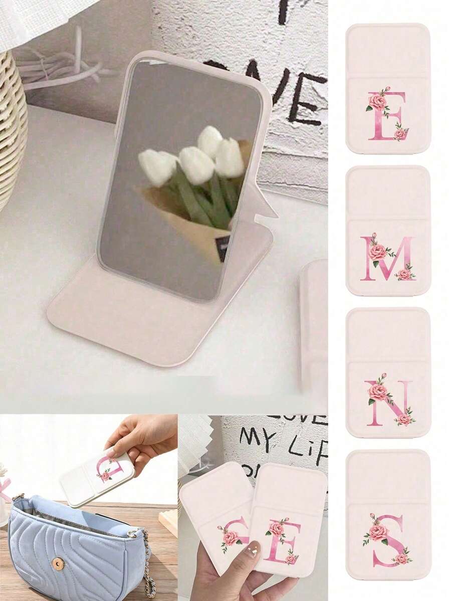 迷你折叠便携化妆镜,金色和粉色花卉A-Z字母图案,桌面梳妆镜,旅行镜,美容产品,长方形桌面小巧化妆镜,可折叠简约化妆镜,宿舍返校镜 - 彩色 - 查看 1
