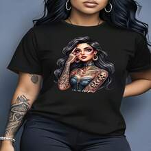 Women's Casual Black Cotton Tee with Tattooed Girl Graphic Print, Round Neck, Short Regular Sleeves for Streetwear Style - Negro - Ver 1