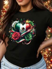 Unisex T-Shirt, Women's T-Shirt With Green Floral Print Of Mexican Roses, Patriotic Heart, Mexican Flag, Creative Latin Gift, Casual Print, Short Sleeve, Round Neck. - 黑色 - 查看 1