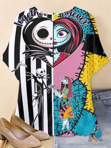 Disney, Jack Skellington And Sally Character Print, Round Neck Short Sleeve T-Shirt, Casual Wear For Women - Multicolor - View 4