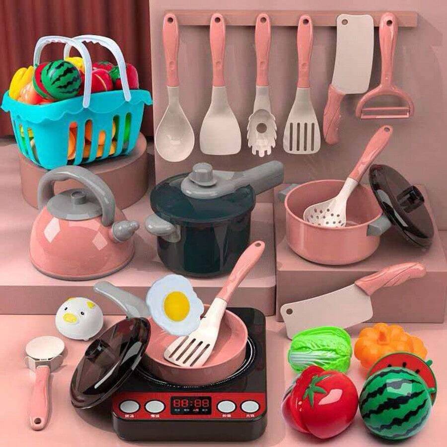 Children's Small Kitchen Toy Set Pink Girls Pretend Play Cooking Cooking Utensils Baby Simulation Fruit Vegetable Cutting Kitchenware