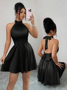 Vestido corto sin espalda de satén marrón para mujer de , elegante y sexy para uso diario en primavera y verano, fiestas, bodas, vacaciones y reuniones. - Negro - Ver 1