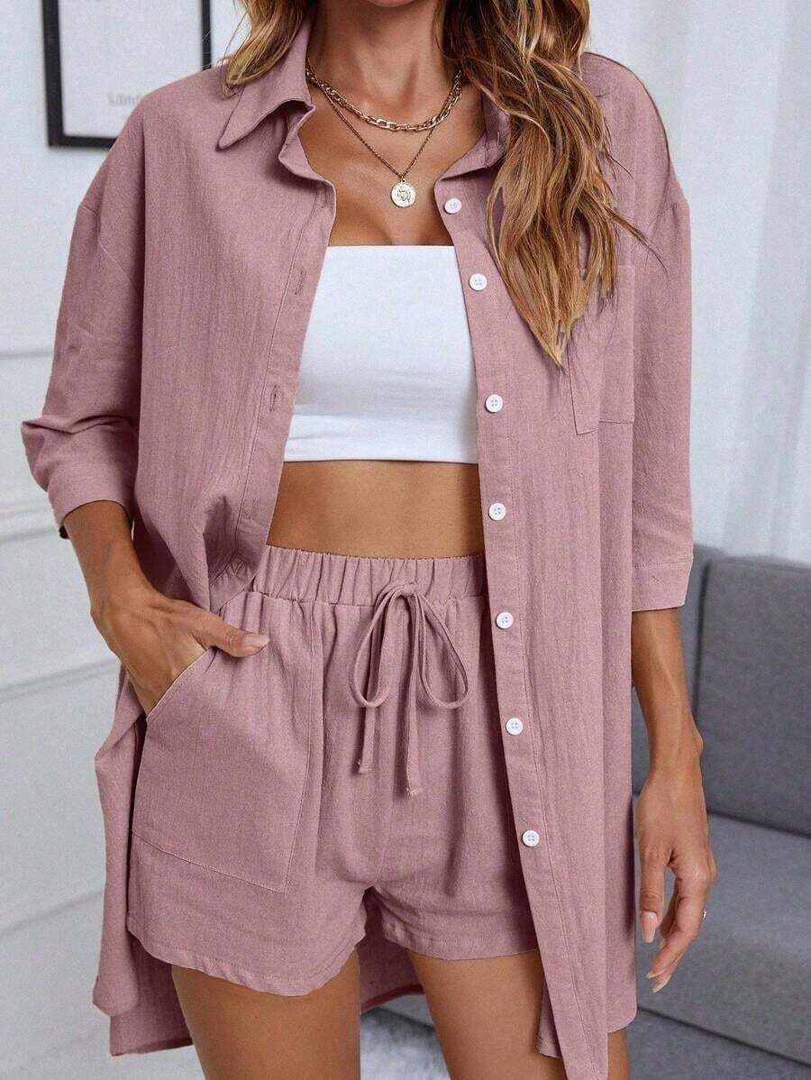 TIN Casual traje de camisa para mujeres de una sola , bolsillo y hombros monocromáticos caídos - Rosa - Ver 1