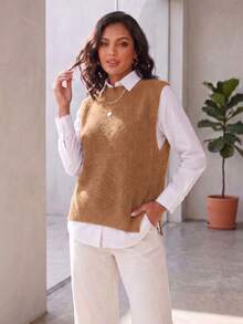 Women's Knitted Vest With Ribbed Crew Neck, Sleeveless, Casual And Elegant Knitwear For Autumn/Winter - 藍色 - 查看 7