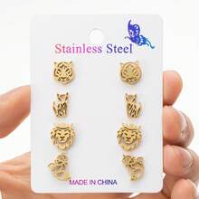 4 pares/set, pendientes de botón de acero inoxidable con cabeza de tigre, león, zorro, de moda, adecuados para hombres y mujeres, bodas y regalos - ZH006 - Ver 7