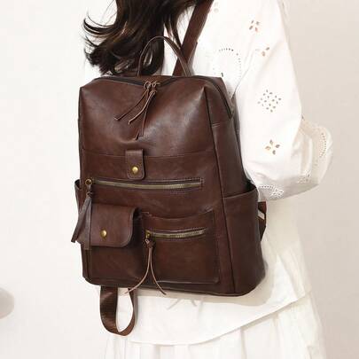 Balo da PU nữ dung tích lớn, nhiều ngăn khóa kéo, phong cách vintage thường ngày, phù hợp đi làm, du lịch, dùng hàng ngày và đi học