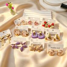 16 Pairs Gold-Plated Stainless Steel Heart-Shaped Enamel Earrings - Suitable For Women's Workplace Accessories - Multicolor - View 1