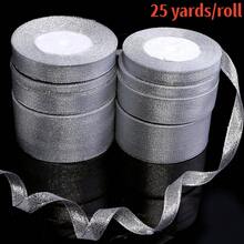 25码/卷 银色闪光涤纶丝带，适用于DIY手工、礼品、服装、家居装饰、蝴蝶结，可用于新年、生日、母亲节、情人节、毕业典礼、周年纪念派对装饰、礼盒、鲜花、烘焙、婚礼回礼等场合。 - 銀色 - 查看 2