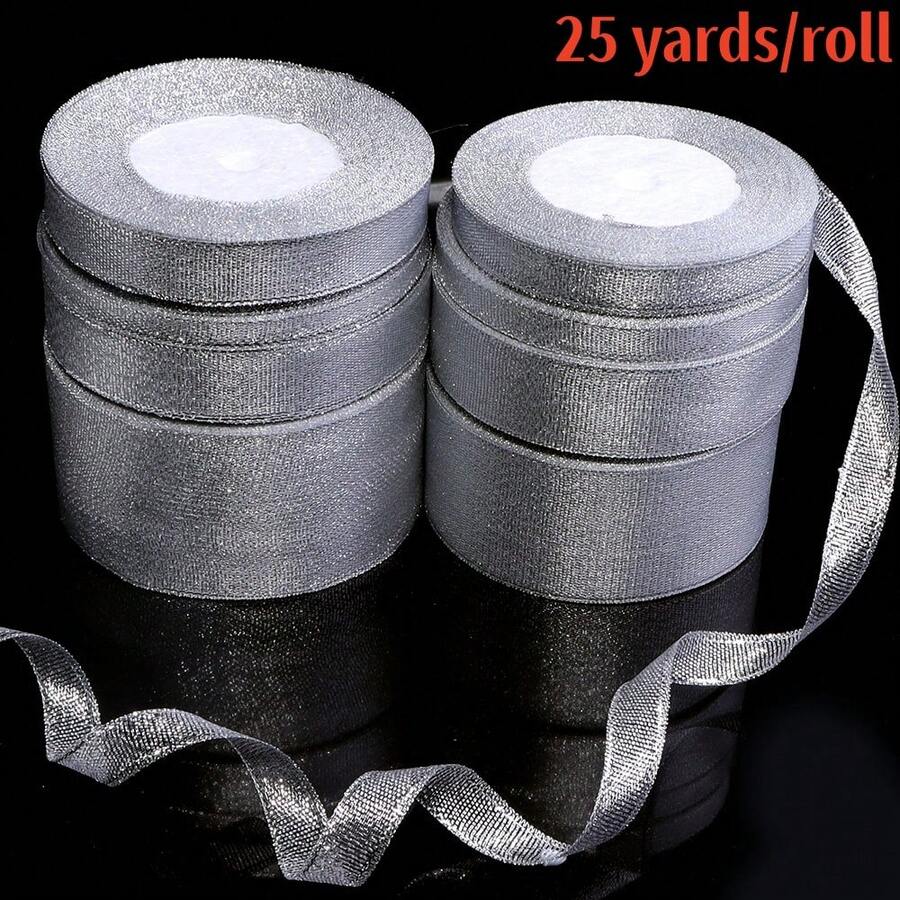 25码/卷 银色闪光涤纶丝带，适用于DIY手工、礼品、服装、家居装饰、蝴蝶结，可用于新年、生日、母亲节、情人节、毕业典礼、周年纪念派对装饰、礼盒、鲜花、烘焙、婚礼回礼等场合。
