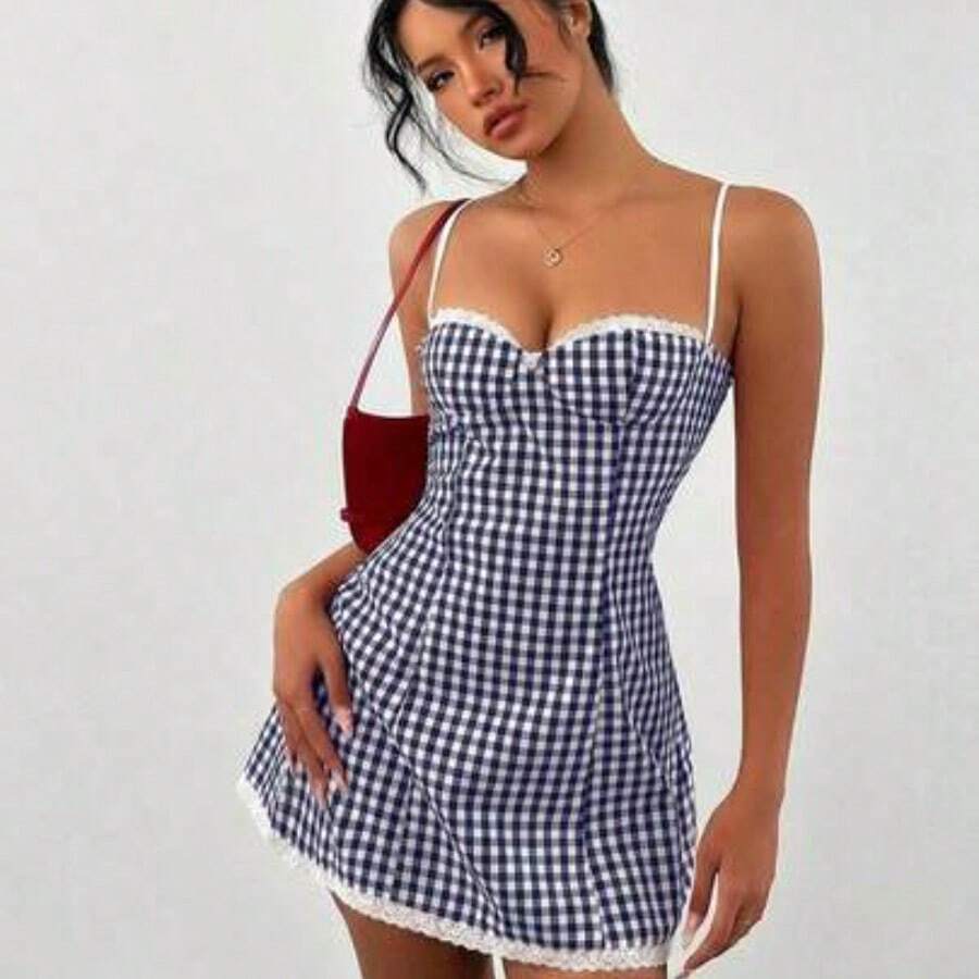 wsb - Colección de ropa femenina de moda Vestido mini acampanado de mujer con estampado a cuadros, recorte de encaje y Body ajustado para Navidad - Azul marino - Ver 1