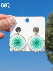 OOQ 1 paire de boucles d'oreilles rondes élégantes et vintage d'été avec perles en faux cristal, style bohème de vacances, boucles d'oreilles en perles de rocaille dégradées, Saint-Valentin, Fête des Mères, saison des mariages, cadeau pour le marié, la mariée et les demoiselles d'honneur, convient pour le port quotidien, les vacances et les fêtes des femmes (perles de rocaille tissées à la main, position des couleurs aléatoire) - Vert - Voir 3