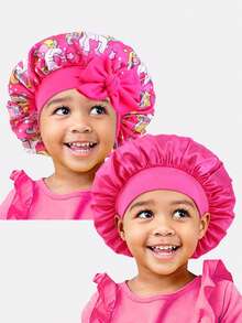 2pcs Printed Elastic Ribbon Satin Round Bonnet Hair Cap For Toddlers - K-21 Rose Red / JDKB-21E Rose Red Unicorn - View 3
