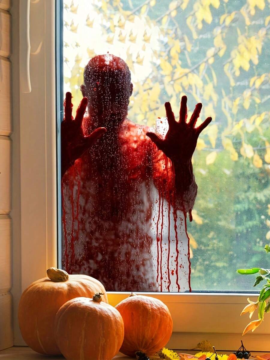 Halloween Zombie Bloody Window Stickers, Self-Adhesive Scary Halloween Window Stickers, Eerie Halloween Silhouette Window Stickers, Horror Party Decorations, Suitable For Indoor/Outdoor Halloween Party Horror Bloody Handprint Decorations, Haunted House Decor, Home And Window Decorations, Easy To Apply Reusable Stickers - Monochrome - View 1