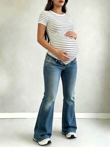 Parara Maternity V-Neck Striped Short Sleeve Ribbed Knit High Stretch T-Shirt Summer - Black and White - View 6