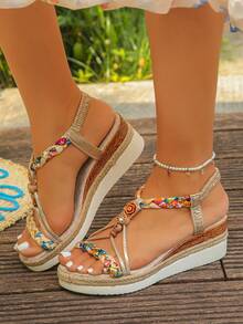 1 Pair Summer Teen Fashion Retro Rhinestone Outdoor Beach Vacation Anti-Slip Hemp Rope Wedge Platform Sandals - Gold - View 2