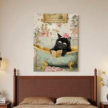 Enmarcado Encantador  de un gato negro en la bañera leyendo un libro - Decoración de pared original para el hogar, la oficina o la cafetería | Regalo perfecto para las fiestas, el Día de la Madre o la graduación | Enmarcado y listo para colgar | Decoración de gatos - Enmarcado - Ver 3