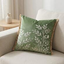 Französischer Landhausstil Vogel-Stickerei Kissenbezug, Vintage Botanik Blumen Kissenbezug mit Quastenbesatz, Shabby Chic Salbeigrün & Beige Heimdekoration, 1 Stück - Anthrazitgrau - Übersicht 2