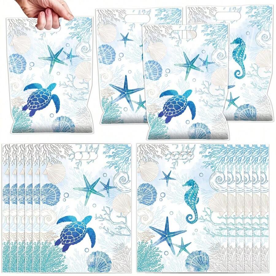 10/20/50pcs Ocean Themed Party Favor Bags, Blue Ocean Animal Prints Including Turtle, Seahorse, Starfish, Shell, Suitable For Summer Beach Wedding, Birthday Party, Baby Shower And Other Ocean Themed Parties - Marine Life - View 1