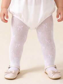 1pc Baby Girl Bow Mesh Tights, Breathable Hollow Out Leggings - White - View 5