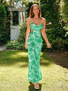 Summer Dress With Floral Print, Straps, Gathered Waist And Open Back With Crisscross Strap – Romantic And Sensual Look - Matte Black - View 8