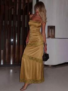 Women's Lace Patchwork Ruffle Elegant Waist Banquet Dress With Spaghetti Strap Wedding Party - Gold - View 10