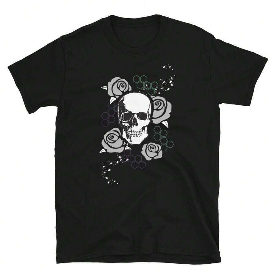 Nueva Camiseta Gráfica con Calaveras y Rosas Geométricas - Negro - Ver 1