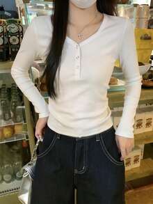 Women's V-Neck Long Sleeve Solid Color Casual T-Shirt - White - View 7