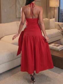 2pcs/Set Lace-Up Backless Bodysuits Paired With Wrap-Around Mid-Length Skirt, Sexy Outfit Summer Elegant - Red - View 4