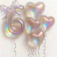 kumozawa 6pcs Iridescent Transparent Number, Bow And Heart Balloons - Includes 40" Iridescent Transparent Number, 24" Iridescent Transparent Bow, 18" Iridescent Transparent Heart Balloons. Suitable For Baptism - View 2