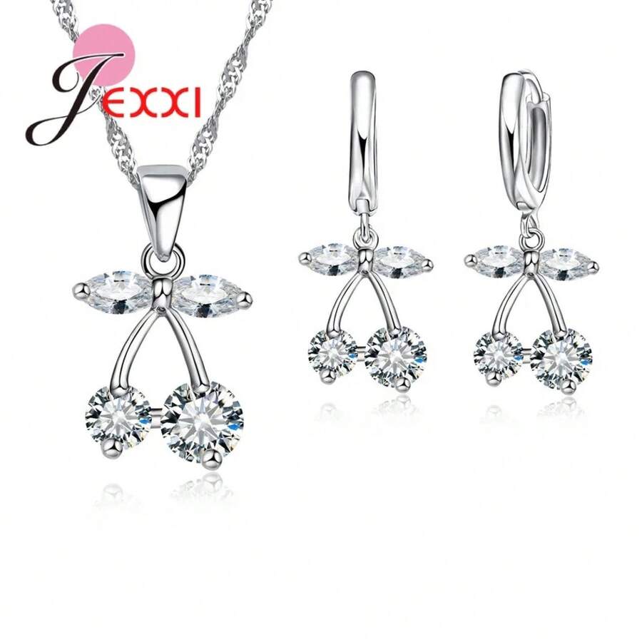 925 Sterling Silver Plating Necklace And Earring Set With Cubic Zirconia, Cross, Heart And Butterfly Design, Fashion Jewelry For Women. - 65111 - 查看 1