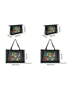 Large Capacity Mesh Bag Set, Featuring Colorful "Cruise Life" Lettering, Leopard Print Accents, Cute Beach Scenes, Dolphin And Seashell Patterns With Wavy Texture, Mesh Beach Tote Bag, Mesh Makeup Organizer Bag, Foldable Large Capacity Beach Bag Waterproof And Sandproof, Letter Decorated Mesh Beach Tote, Suitable For Commuting, Shopping, Vacation And Daily Casual Use, Perfect Gift For Friends - Multicolor - View 14