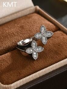 KMT 1pc Copper Inlaid Artificial Zirconia Black Enamel Four-Leaf Clover Women's Ring, Unique Niche Design To Break Monotony, Suitable For Workplace And Daily Wear To Convey Good Wishes, Ideal Gift For Spring Festival, New Year, Mother's Day, Double Ninth Festival, Family, Friends, Birthdays, Holidays, And Best Friends - Four-leaf Clover - View 2
