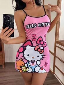 SANRIO 1件 Hello Kitty 粉色休闲可爱舒适简约吊带裙（女款） - 玫紅色 - 查看 2