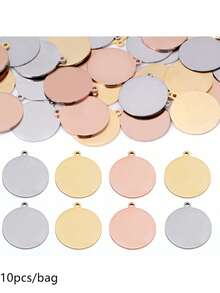 10pcs/Pack Stainless Steel Round Charm Tag, Round Coin Pendant For Necklace, Hair Accessory, DIY Jewelry Making - Steel - View 2