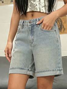 Short en jean décontracté pour femme à ourlet replié, été - Bleu délavé vintage - Voir 2