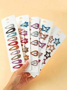 10pcs Girls Colorful Glitter Water Drop BB Hair Clips, Non-Damaging Side Bang Clips, Suitable For Daily Styling - Multicolor - View 1