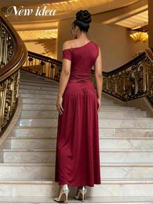 NEW IDEA 女款優雅酒紅色單肩長版夏季洋裝，派對長洋裝，適合婚禮賓客、夜晚外出、晚餐、正式場合晚禮服 - 酒紅色 - 查看 2