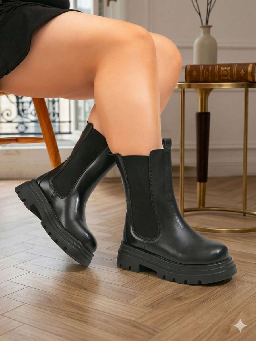 Women's Wide Fit Plus Size Boots, Autumn/Winter Mid-Calf Boots With Dual Elastic Side Straps, Thick Sole Chelsea Boots, British Style Wide Fit Platform Gear Sole Boots - Black - View 1