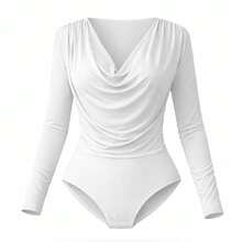 Women's Draped Bodysuit, Elegant Long-Sleeved Blouse, Knit Fabric, Draped Style, Perfect For School, Evening, Holiday, Wedding, Vacation, Or Office. - 白色 - 查看 2
