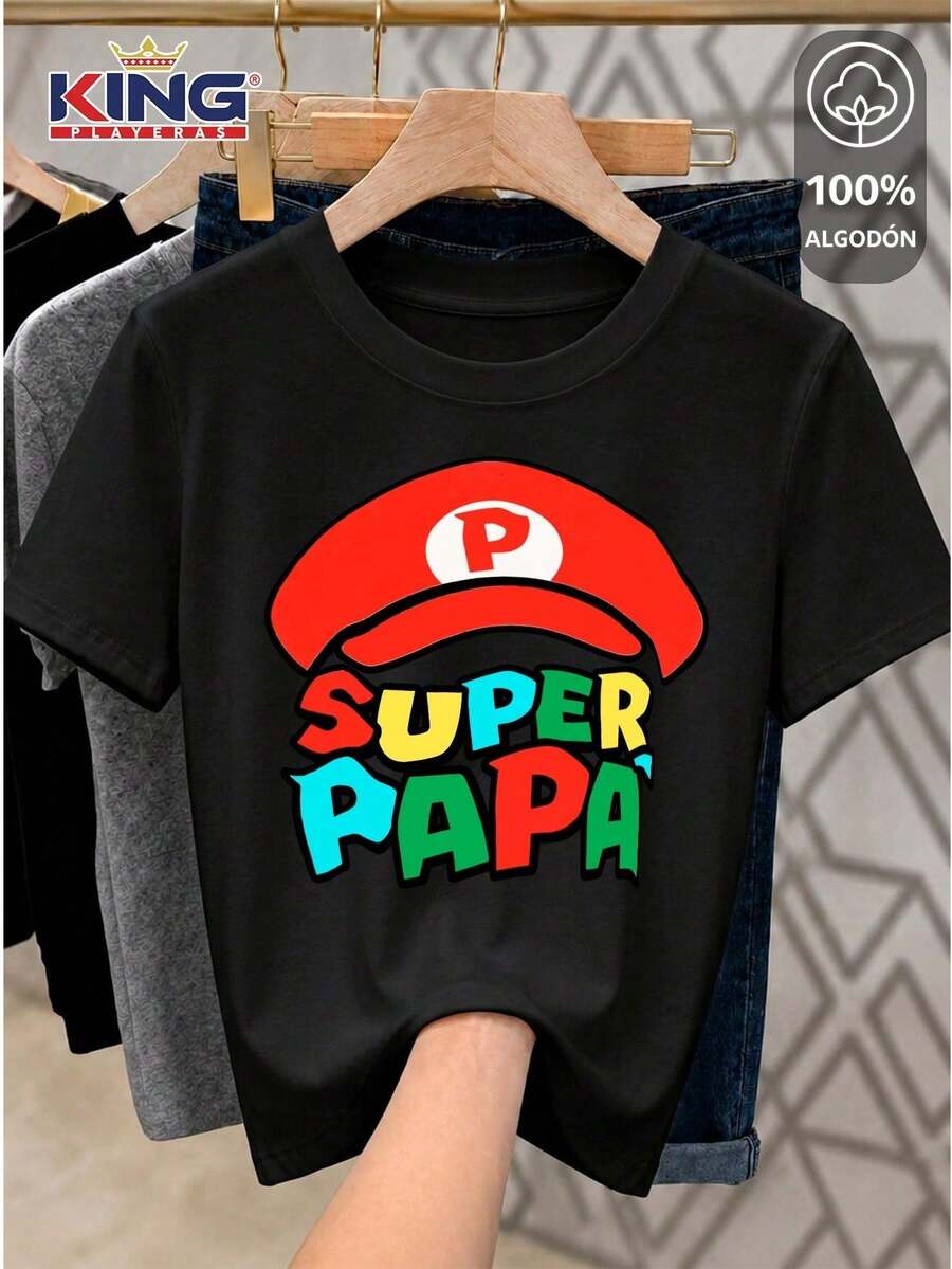 SHENDY VENDY Women's Printed T-Shirt, 100% Cotton Short Sleeve - "Super Dad" Retro Gamer Style - 黑色 - 查看 1