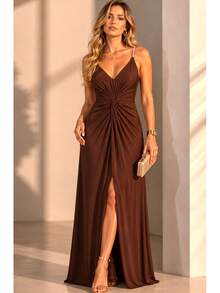 Inexpensive Bridesmaid Dress For Parties, Guests, Receptions, Graduations, Without Glitter, Open On The Side. - 鏽棕色 - 查看 2